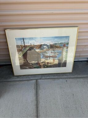 Framed Coastal Harbor Watercolor Print with Gold Frame signed by Thomas H Miller